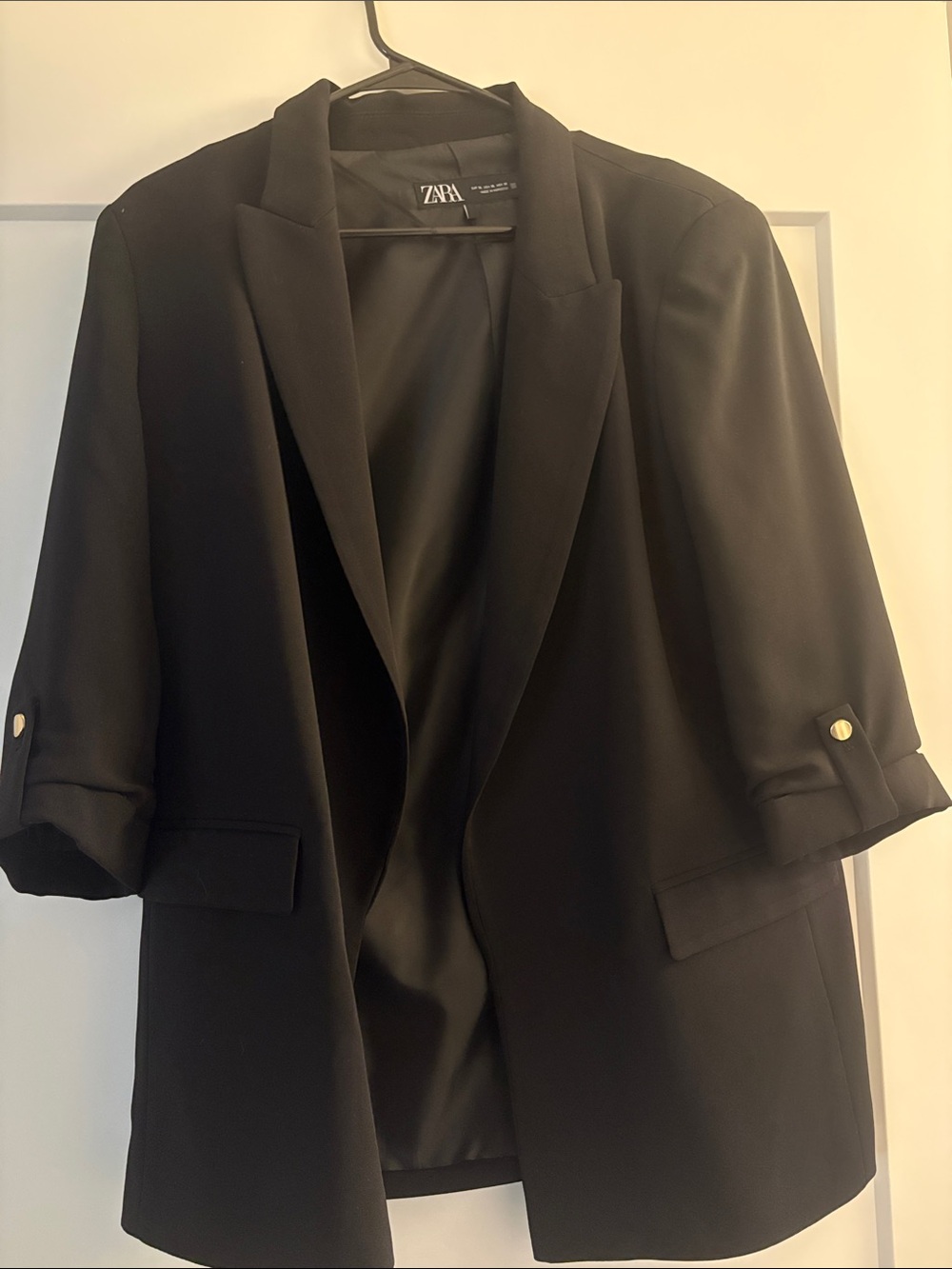 Zara Black Open-Front Three-Quarter Sleeve Blazer